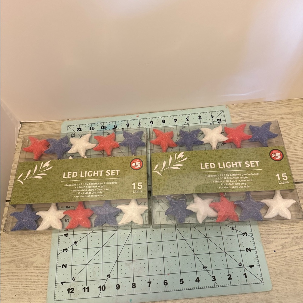 Set of 2 Red White and Blue starfish battery operated LED string lights.